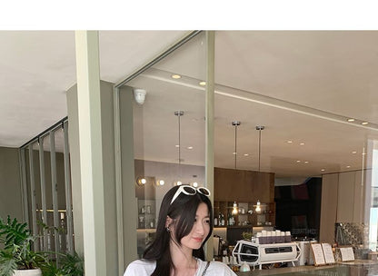 Short-Sleeve V-Neck Plain Lace Trim T-Shirt