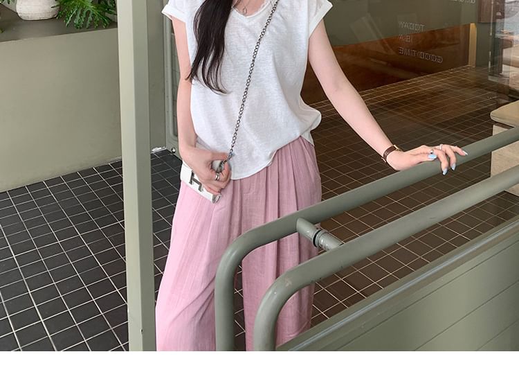 Short-Sleeve V-Neck Plain Lace Trim T-Shirt