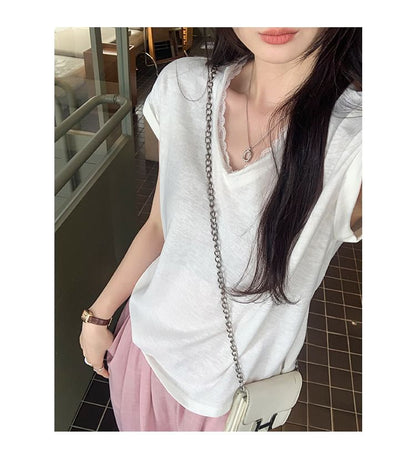 Short-Sleeve V-Neck Plain Lace Trim T-Shirt