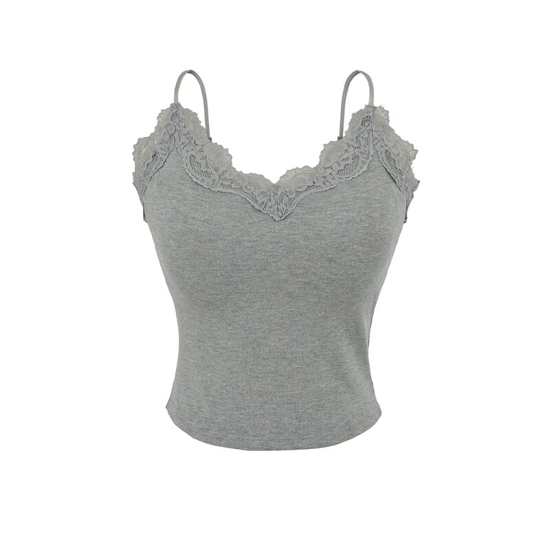 V-Neck Lace Trim Plain Camisole Top