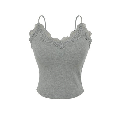 V-Neck Lace Trim Plain Camisole Top