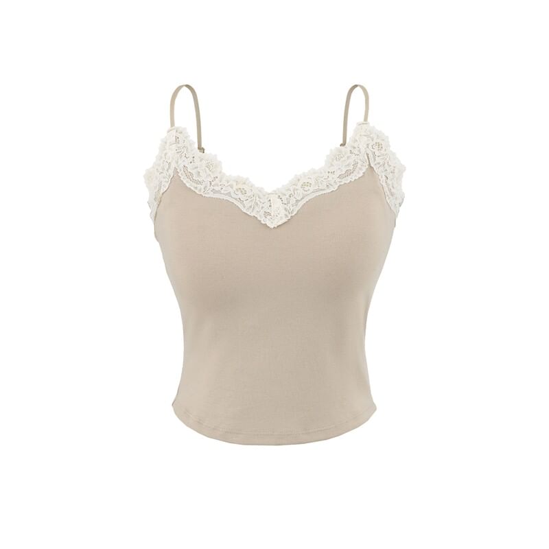 V-Neck Lace Trim Plain Camisole Top