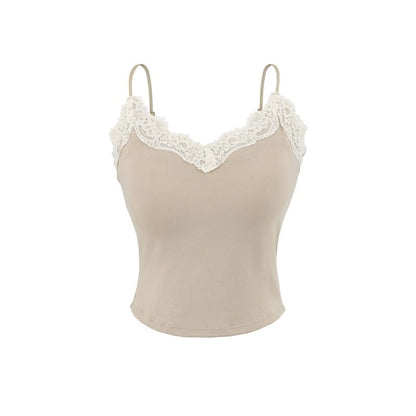 V-Neck Lace Trim Plain Camisole Top