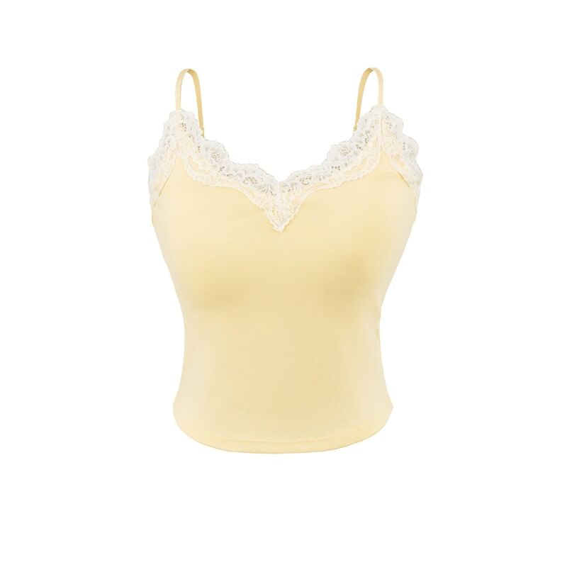 V-Neck Lace Trim Plain Camisole Top