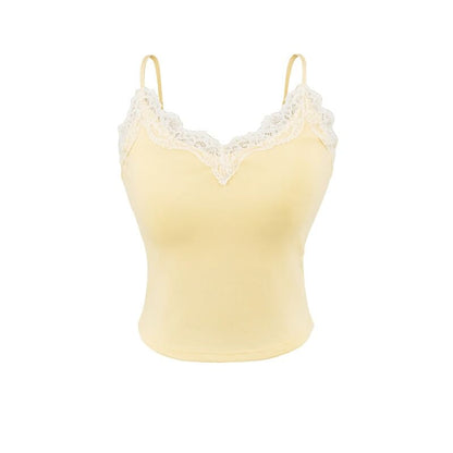 V-Neck Lace Trim Plain Camisole Top