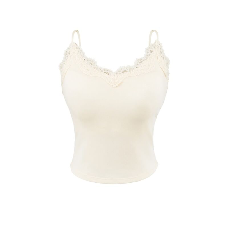 V-Neck Lace Trim Plain Camisole Top