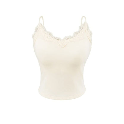 V-Neck Lace Trim Plain Camisole Top