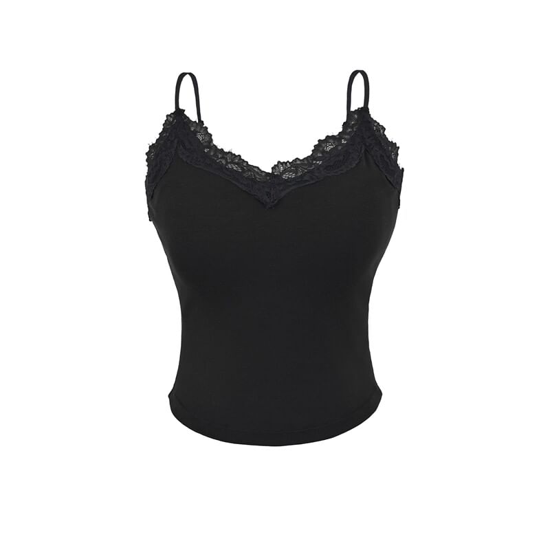 V-Neck Lace Trim Plain Camisole Top