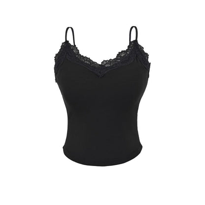 V-Neck Lace Trim Plain Camisole Top