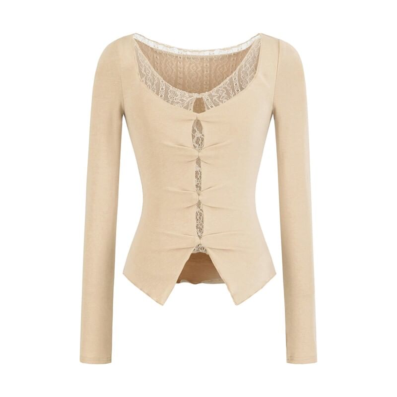Mock Two-Piece Long-Sleeve Lace Trim Cutout Top