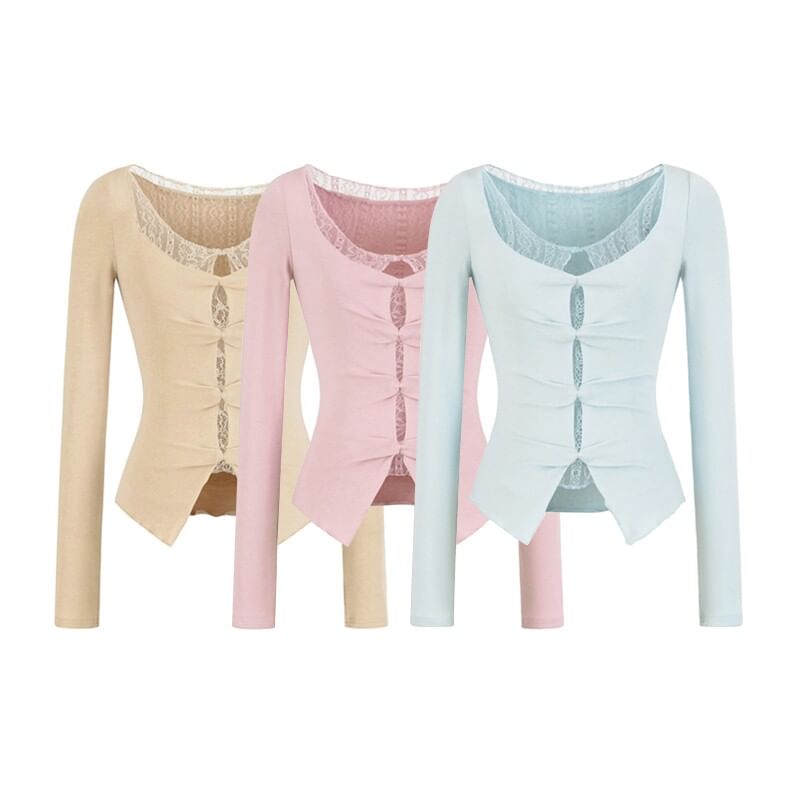 Mock Two-Piece Long-Sleeve Lace Trim Cutout Top