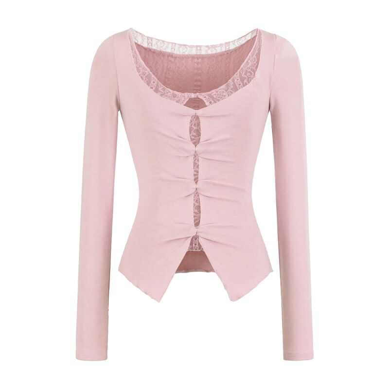 Mock Two-Piece Long-Sleeve Lace Trim Cutout Top