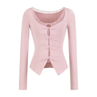 Mock Two-Piece Long-Sleeve Lace Trim Cutout Top