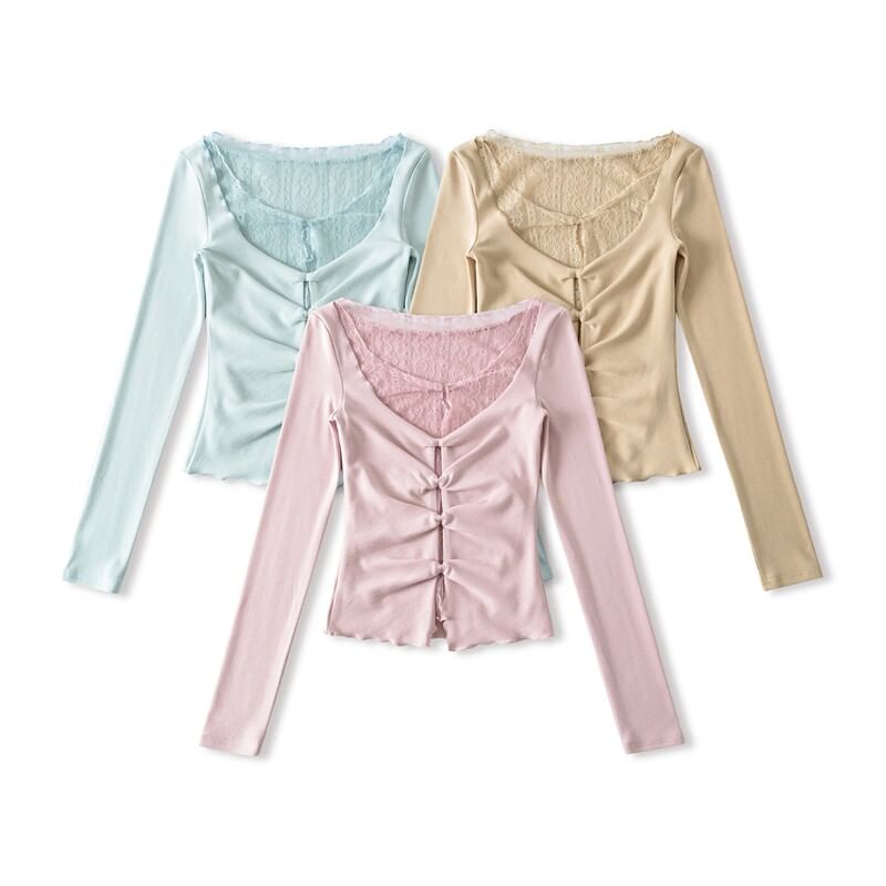 Mock Two-Piece Long-Sleeve Lace Trim Cutout Top