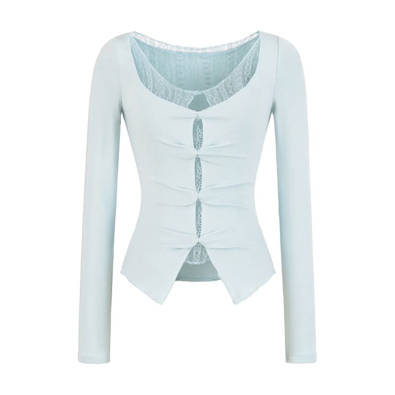 Mock Two-Piece Long-Sleeve Lace Trim Cutout Top