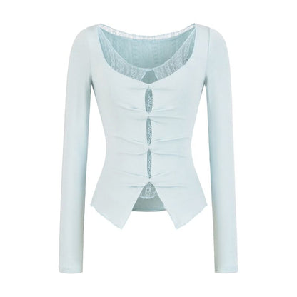 Mock Two-Piece Long-Sleeve Lace Trim Cutout Top