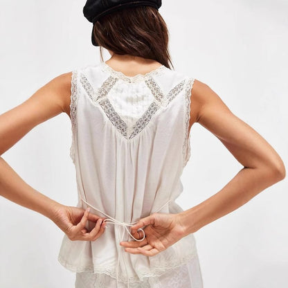 Sleeveless V-Neck Plain Lace Trim Slit Top