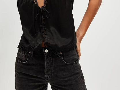 Sleeveless V-Neck Plain Lace Trim Slit Top