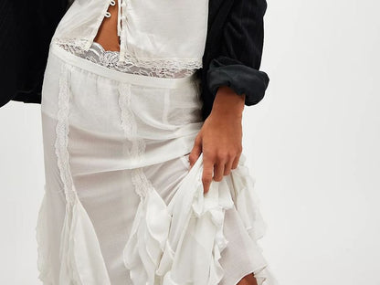 Sleeveless V-Neck Plain Lace Trim Slit Top