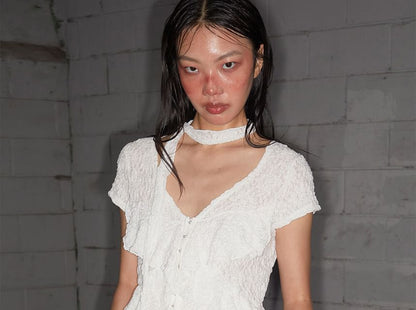 Short-Sleeve V-Neck Plain Lace Blouse with Light Scarf