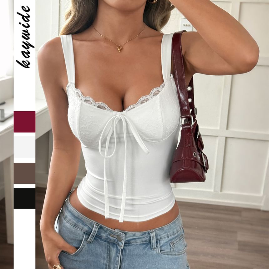 Spaghetti Strap Sweetheart Neck Plain Lace Panel Crop Camisole Top