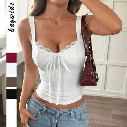 Spaghetti Strap Sweetheart Neck Plain Lace Panel Crop Camisole Top