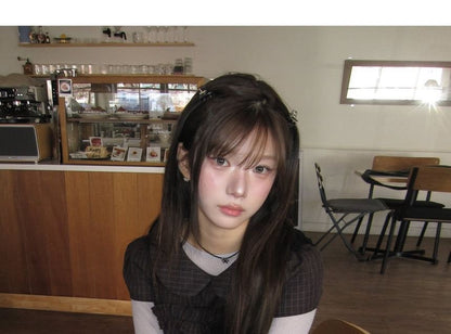Short Sleeve Collared Plaid Ruffle Trim Shirt