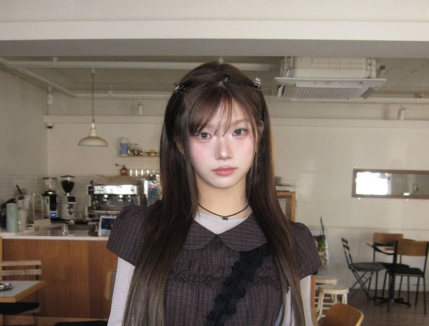 Short Sleeve Collared Plaid Ruffle Trim Shirt