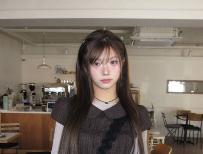 Short Sleeve Collared Plaid Ruffle Trim Shirt