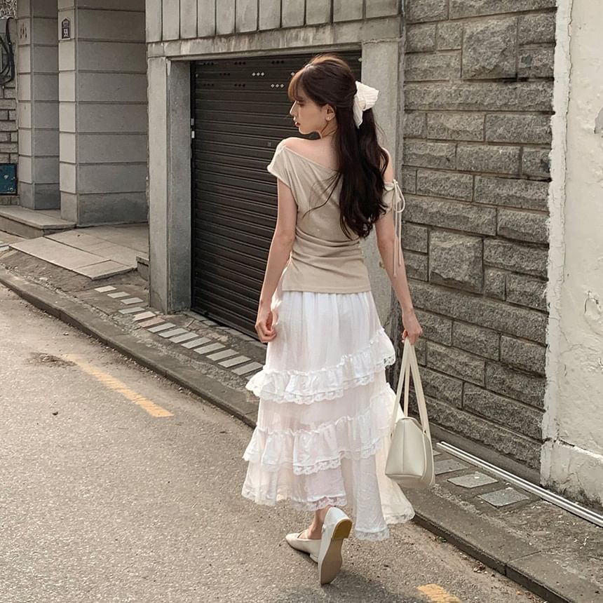 Short Sleeve Off Shoulder Solid Ruched Top