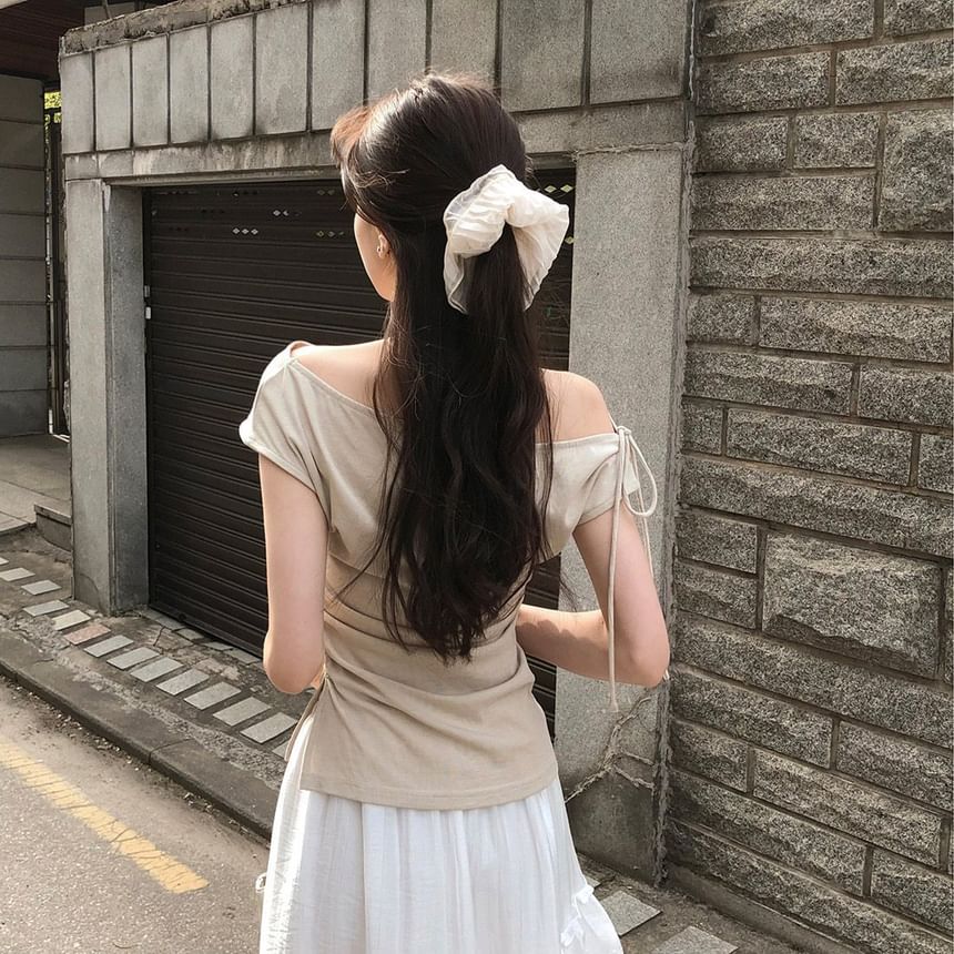 Short Sleeve Off Shoulder Solid Ruched Top