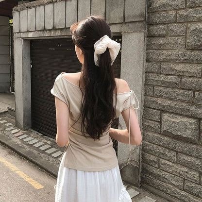 Short Sleeve Off Shoulder Solid Ruched Top