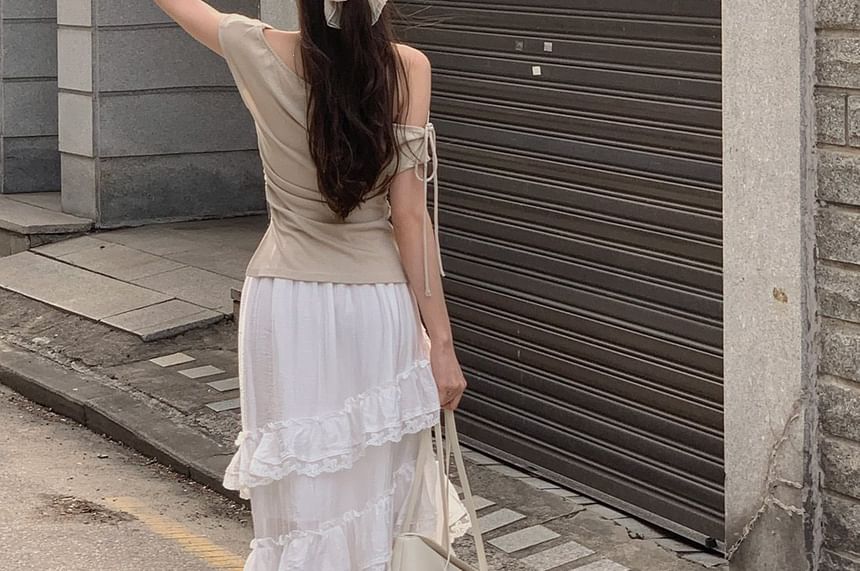 Short Sleeve Off Shoulder Solid Ruched Top