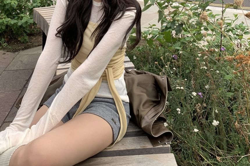 Set: Long Sleeve Crew Neck Solid Tee + Halter Neck Solid Tie Waist Camisole