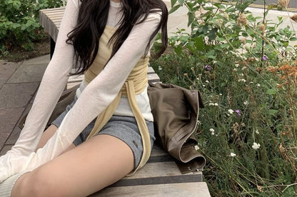Set: Long Sleeve Crew Neck Solid Tee + Halter Neck Solid Tie Waist Camisole