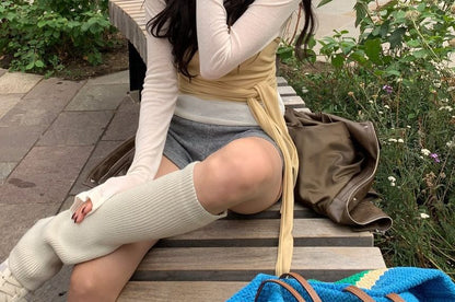 Set: Long Sleeve Crew Neck Solid Tee + Halter Neck Solid Tie Waist Camisole