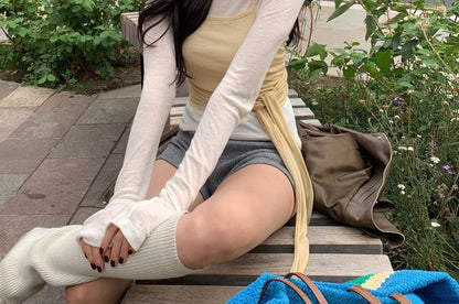 Set: Long Sleeve Crew Neck Solid Tee + Halter Neck Solid Tie Waist Camisole