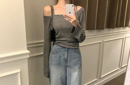 Set: Off Shoulder Long Sleeve Solid Knit Top + Spaghetti Strap V-Neck Camisole