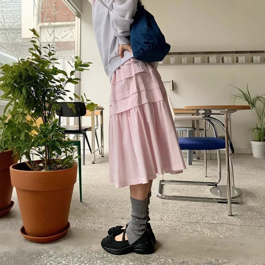 Mid Rise Plain Ruffle Trim Midi A-Line Skirt