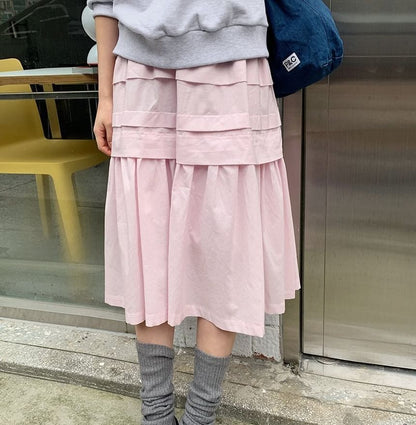 Mid Rise Plain Ruffle Trim Midi A-Line Skirt