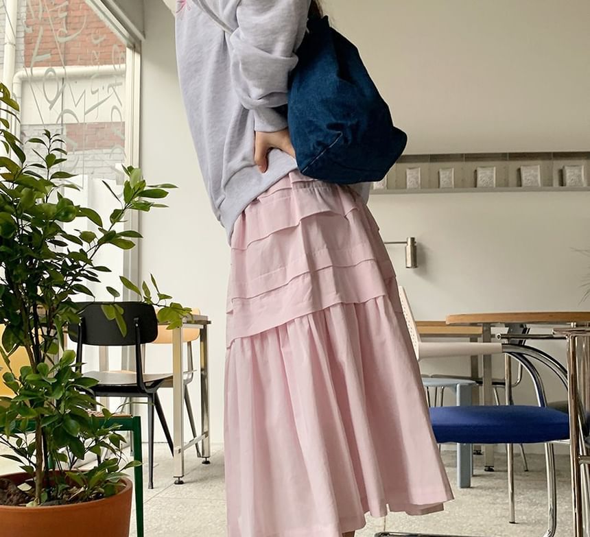 Mid Rise Plain Ruffle Trim Midi A-Line Skirt