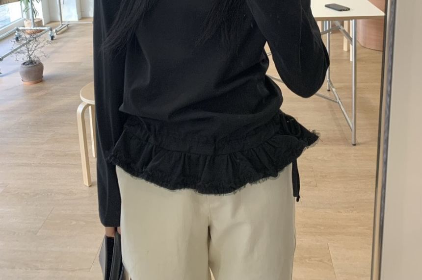 Long Sleeve Crew Neck Solid Ruffle Hem Tee
