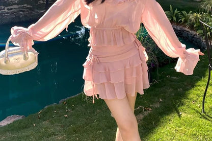 Set: Cold Shoulder Ruffle Trim Long Sleeve Top + Mid Rise Tiered Ruffle Mini Skirt