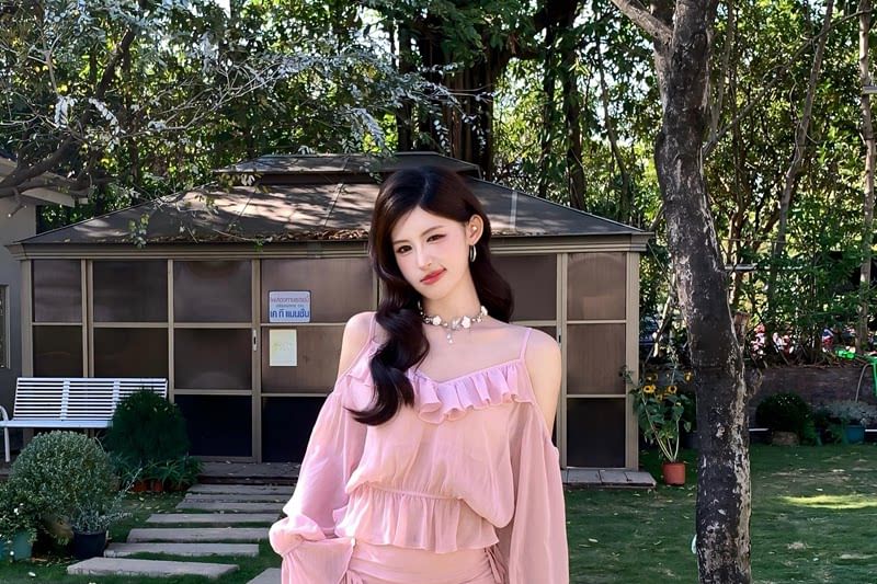 Set: Cold Shoulder Ruffle Trim Long Sleeve Top + Mid Rise Tiered Ruffle Mini Skirt