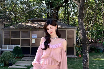 Set: Cold Shoulder Ruffle Trim Long Sleeve Top + Mid Rise Tiered Ruffle Mini Skirt