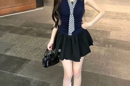 Sleeveless Collared Gingham Tie Detail Top / Mid Rise Solid Mini Flared Skort