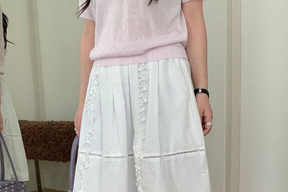Mid Rise Plain Lace Trim A-Line Skirt