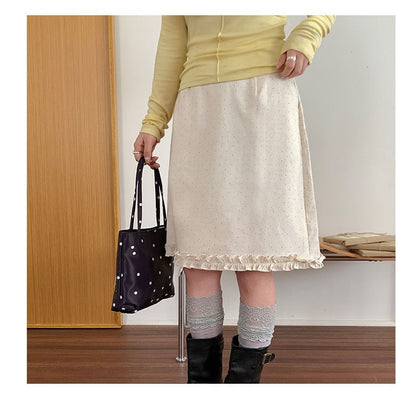 Mid Rise Dotted Ruffle Trim A-Line Skirt