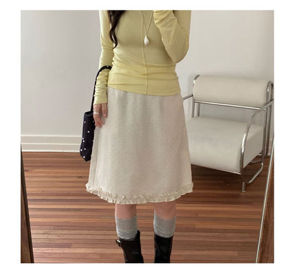 Mid Rise Dotted Ruffle Trim A-Line Skirt