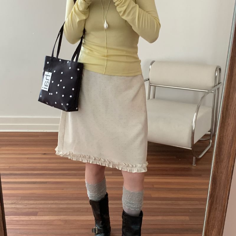Mid Rise Dotted Ruffle Trim A-Line Skirt